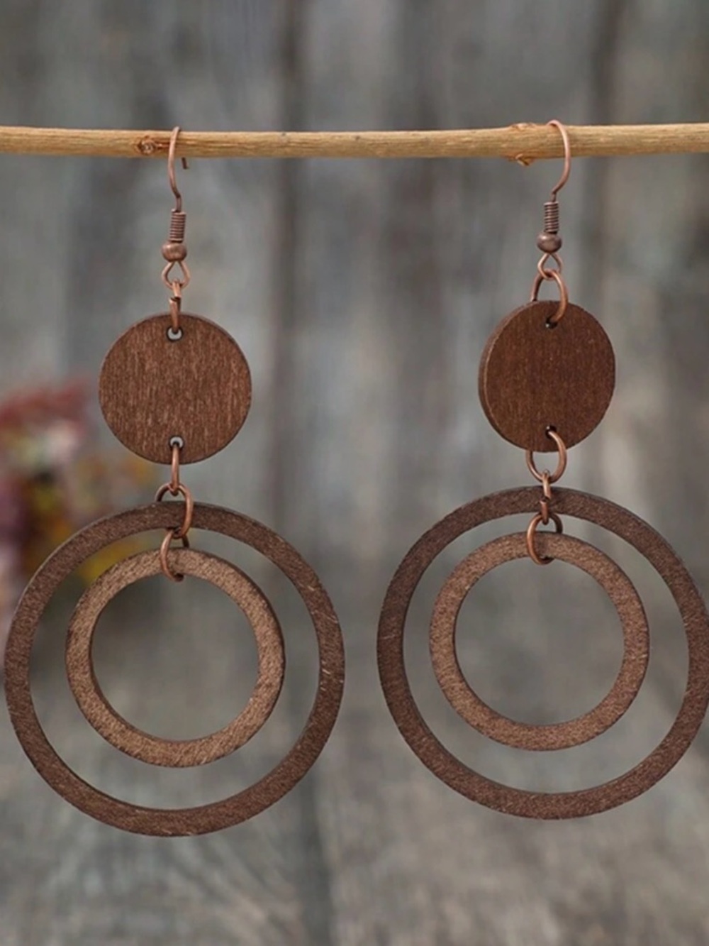 Brown Double Hoop Wood Drop Earrings - Picture 1 of 5
